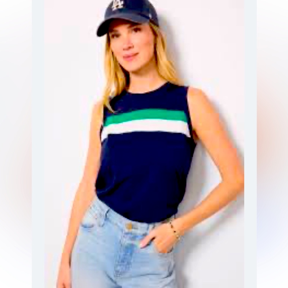 EUC Evereve Porter cotton navy tank with green & white striped Shirt size small